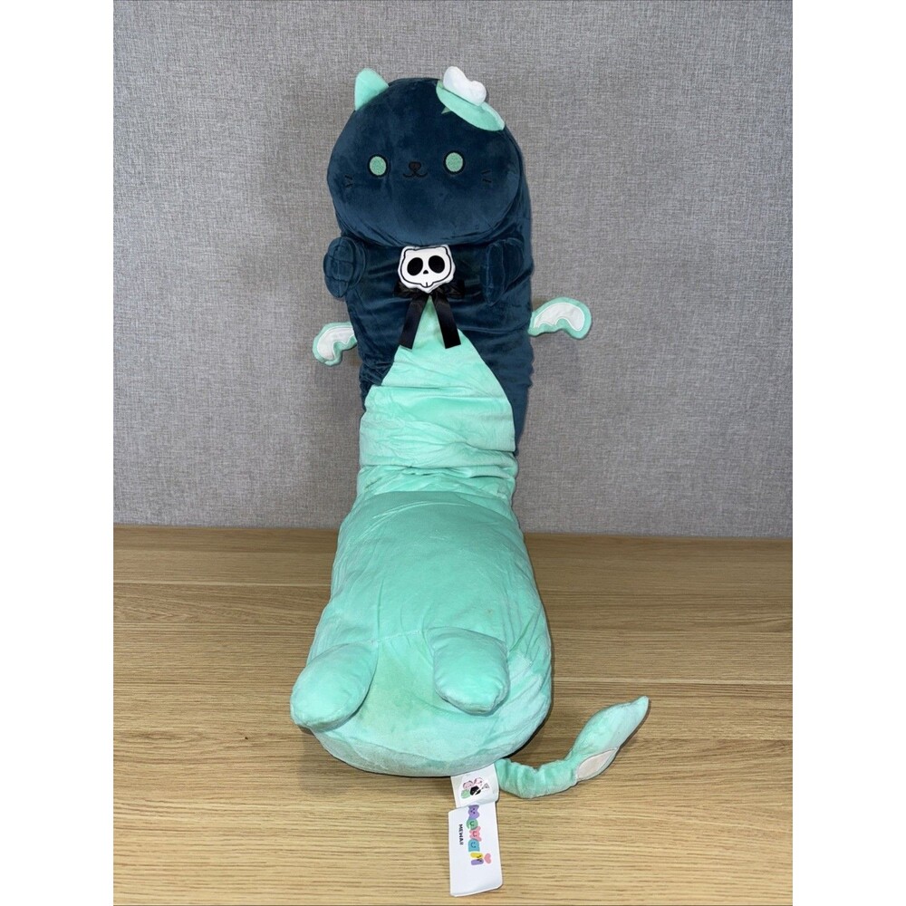 Mewaii XXL Long Cat Body Plush Pillow Glow In Dark Skull Teal Blue 40” EUC Tags